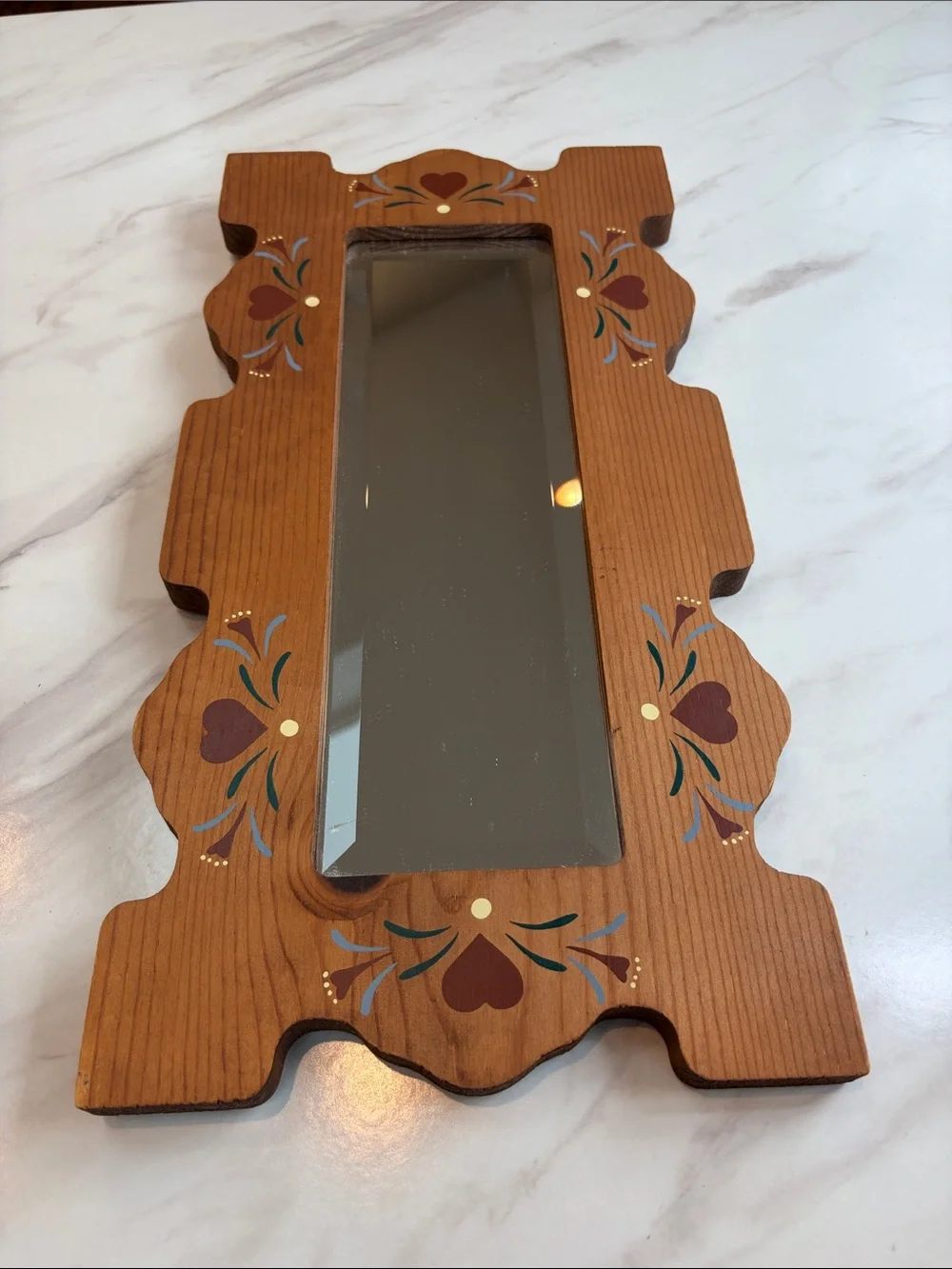 Vintage rustic farmhouse Wood Folk Art Scalloped Edge with Hearts Mirror 16 in.